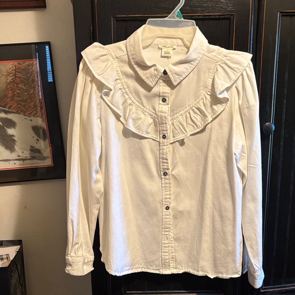 White Ruffled Button-Up Shirt